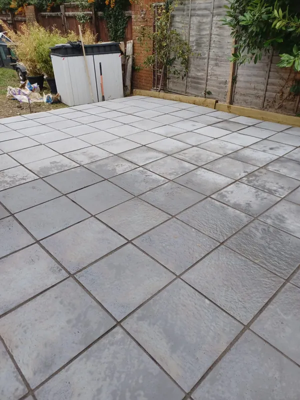 Completed patio running the full width of the garden